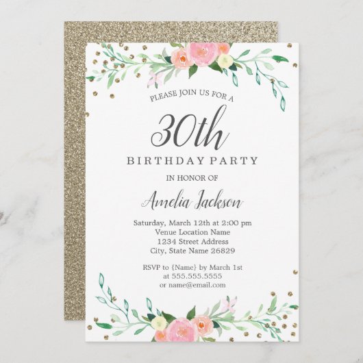 スウィートフローラスパークル紙吹雪30th誕生日パーティー 招待状 (正面/裏面)