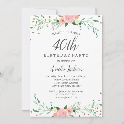 スウィートフローラスパークル紙吹雪40th誕生日パーティー 招待状 (正面)