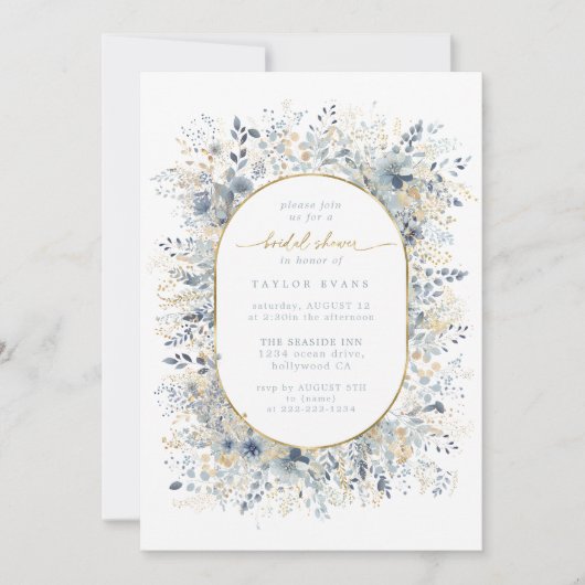 スウィートフローラブライダルシャワーダスティブルー金ゴールドID1045 招待状 (正面)