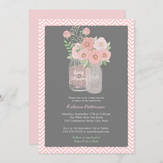 スウィートフローラメイスンジャークピンクベビーシャワー招待状 招待状 (正面/裏面)
