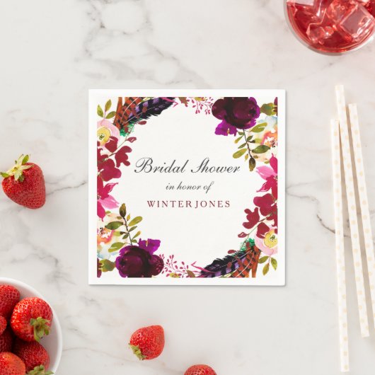 スウィートブルガンディパープルフローラリースブライダルシャワー スタンダードカクテルナプキン (インサイチュ)