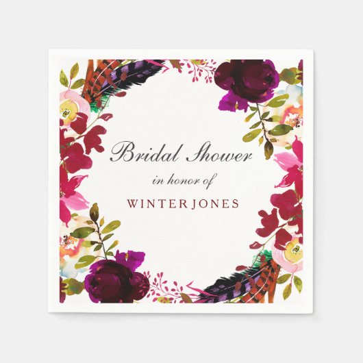 スウィートブルガンディパープルフローラリースブライダルシャワー スタンダードカクテルナプキン (正面)