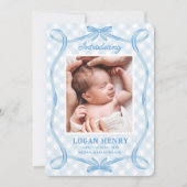 スウィートブルーギンガムリボンボウ誕生のお知らせ 招待状 (正面)