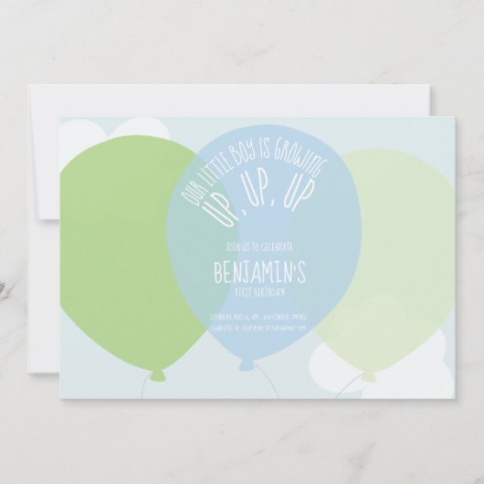 スウィートブルーグリーンファースト少年誕生日バルーンパーティー 招待状 (正面)