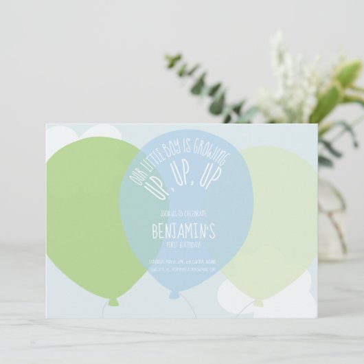 スウィートブルーグリーンファースト少年誕生日バルーンパーティー 招待状 (スタンド正面)
