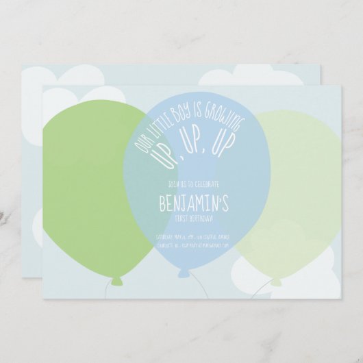 スウィートブルーグリーンファースト少年誕生日バルーンパーティー 招待状 (正面/裏面)