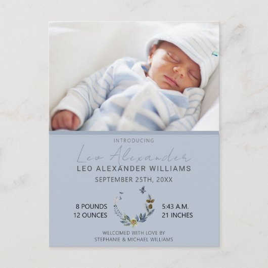 スウィートブルーボホフローラ男の赤ちゃん写真誕生Announ 案内ポストカード