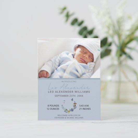 スウィートブルーボホフローラ男の赤ちゃん写真誕生Announ 案内ポストカード (スタンド正面)