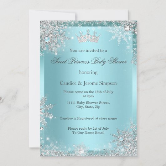 スウィートプリンセスガールベビーシャワーティール（緑がかった色）エスニック 招待状 (裏面)