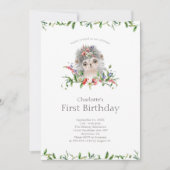 スウィートヘッジホッグウォーターカラーフローラファースト誕生日 招待状 (正面)