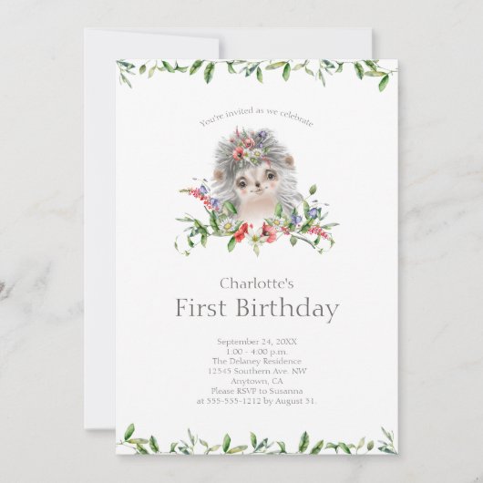 スウィートヘッジホッグウォーターカラーフローラファースト誕生日 招待状 (正面)