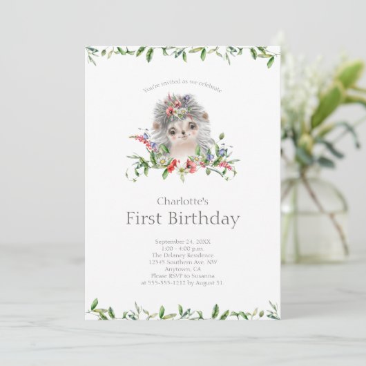 スウィートヘッジホッグウォーターカラーフローラファースト誕生日 招待状 (スタンド正面)