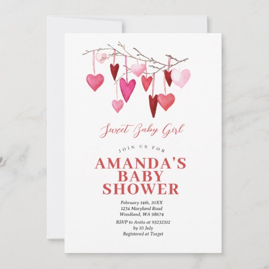 スウィートベイビーガール バレンタイン風船 ベビーシャワー 招待状 (正面)