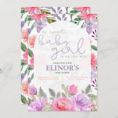 スウィートベイビーガール パープル＆ピンクの花のベイビーシャワー 招待状 (正面/裏面)