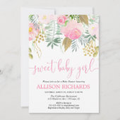 スウィートベイビーガール ピンクとゴールドの花のベイビーシャワー 招待状 (正面)