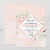 スウィートベイビーガール ブラッシュ ピンク ローズゴールド フラワーリング 招待状 (正面/裏面)