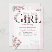 スウィートベイビーガール 花のアルファベット 水彩 ストライプ 招待状 (正面)