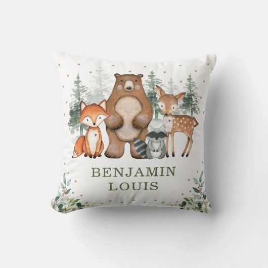 スウィートベビーウッドランドアニマルズグリーンリー金ゴールド子供部屋 クッション (正面)