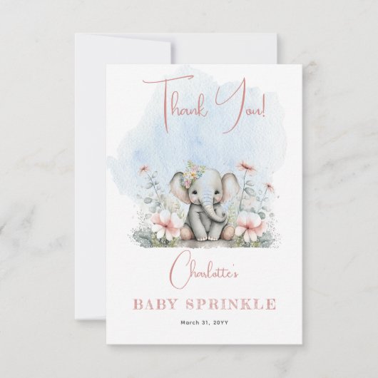 スウィートベビーエレファントガールフローラピンクベビー散水 サンキューカード (正面)