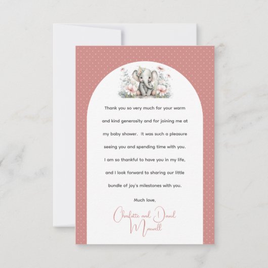 スウィートベビーエレファントガールフローラピンクベビー散水 サンキューカード (裏面)