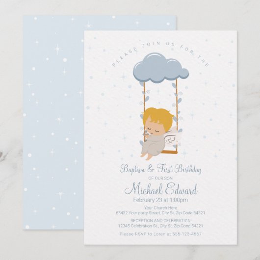 スウィートベビーエンジェルファースト誕生日とバプテスマ 招待状 (正面/裏面)