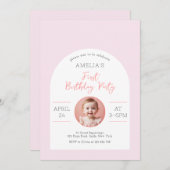 スウィートベビーガールソフトピンク最初の誕生日パーティー 招待状 (正面/裏面)