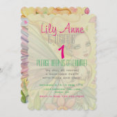 スウィートベビーガールフェアリー最初の誕生日パーティー 招待状 (正面/裏面)