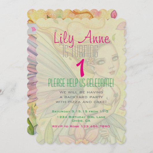 スウィートベビーガールフェアリー最初の誕生日パーティー 招待状 (正面/裏面)