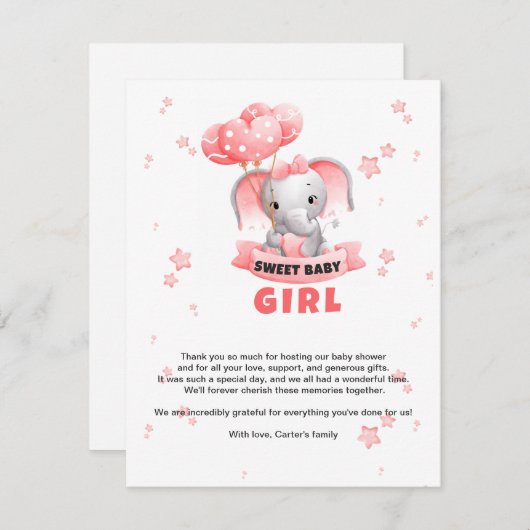 スウィートベビーゾウ赤ちゃんシャワー エンクロージャーカード (正面/裏面)