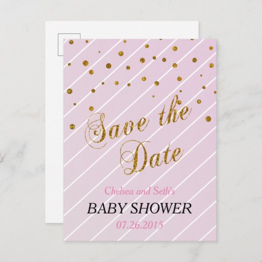 スウィートベビーピンクと金ゴールド紙吹雪 インビテーションポストカード (正面/裏面)