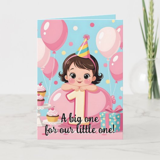 スウィートベビーピンクバルーン1st誕生日あいさつ カード (正面)