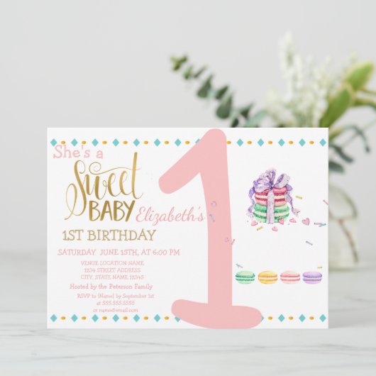 スウィートベビーマカロンストライプの誕生日 招待状 (スタンド正面)