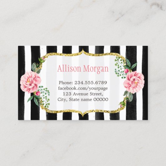 スウィートベーカリーカップケーキ金ゴールドピンクストライプのフローラ 名刺 (裏面)