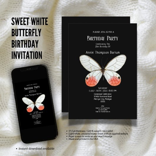 スウィートホワイトバタフライ誕生日招待状 招待状
