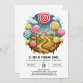 スウィートボヘミアン棒つきキャンデー誕生日 招待状 (正面/裏面)