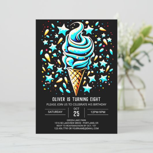 スウィートボホブルーボーイアイスクリーム誕生日 招待状 (スタンド正面)