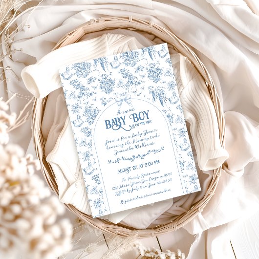 スウィートボーイダスティブルーお洒落フローラベビーシャワー 招待状