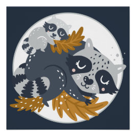 スウィートママラクーンアンドベビー昼寝 ポスター