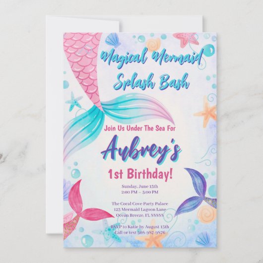 スウィートマーメイド誕生日ピンクパープルティール（緑がかった色）ウォーターカラー 招待状 (正面)
