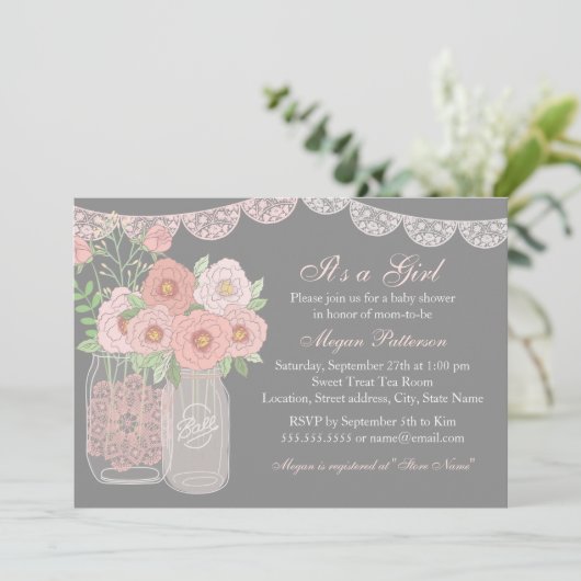 スウィートメイソンジャールピンク&グレーベビーシャワー招待状 招待状 (スタンド正面)
