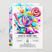 スウィートモダン棒つきキャンデー誕生日 招待状 (正面/裏面)