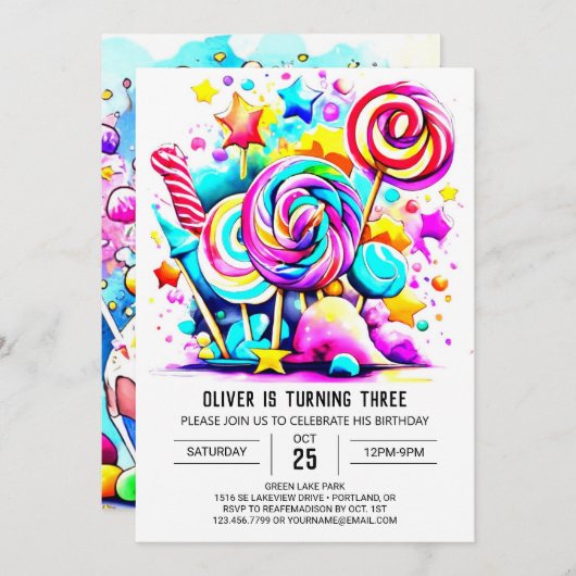 スウィートモダン棒つきキャンデー誕生日 招待状 (正面/裏面)