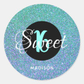 スウィートモダン16ティール(緑がかった色)アクアグリッターパーソナライズされた ラウンドシール (正面)