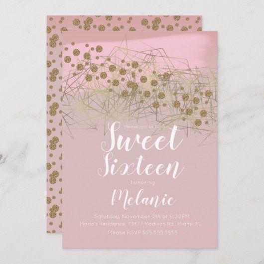 スウィートモダン16ロシータ金ゴールド幾何学赤面 招待状 (正面/裏面)