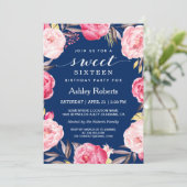 スウィートモダン16誕生日ネイビーブルーフローラリース 招待状 (スタンド正面)