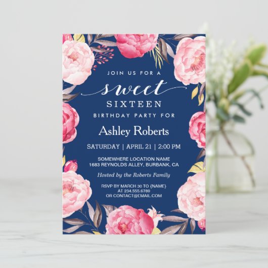 スウィートモダン16誕生日ネイビーブルーフローラリース 招待状 (スタンド正面)