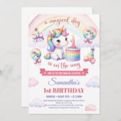 スウィートユニコーンウォーターカラーピンクガール1st誕生日 招待状 (正面/裏面)