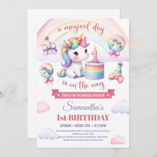 スウィートユニコーンウォーターカラーピンクガール1st誕生日 招待状 (正面/裏面)