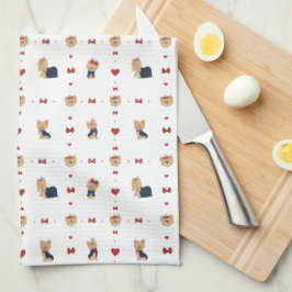 スウィートヨークシャーテリアボウズハートホワイト キッチンタオル