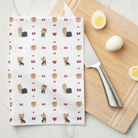 スウィートヨークシャーテリアボウズハートホワイト キッチンタオル (四つ折り)